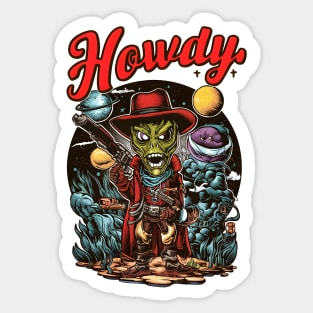 alien cowboy in the universe says howdy in vintage retro tattoo style. Sticker